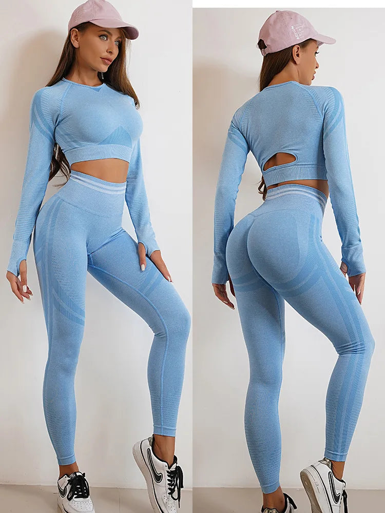 Seamless Yoga Sets Sports Fitness High Waist Hip Raise Pants Long-Sleeved Backless Suit Workout Clothes Gym Shorts Set for Women