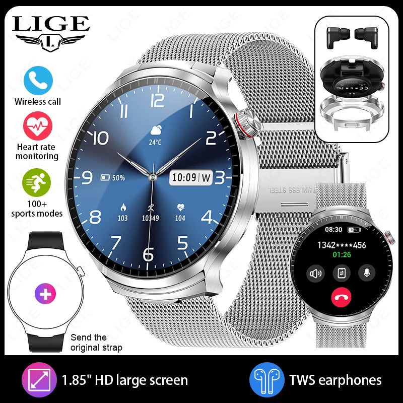 LIGE Smart Watch TWS 2-in-1 Headset Bluetooth Call Heart Rate Blood Pressure Health Monitoring Headphones Play Music Smartwatch
