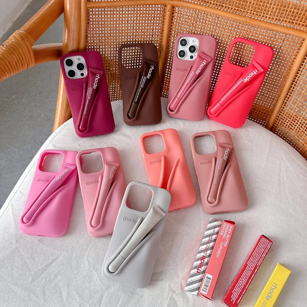 RHODE Soft Silicone Case For iPhone 16 15 14 Plus 13 12 11 Pro Max 16E Lipstick Portable Lip Gloss Holder