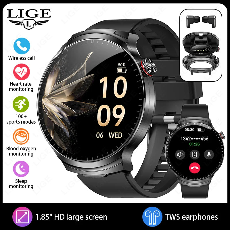 LIGE Smart Watch TWS 2-in-1 Headset Bluetooth Call Heart Rate Blood Pressure Health Monitoring Headphones Play Music Smartwatch