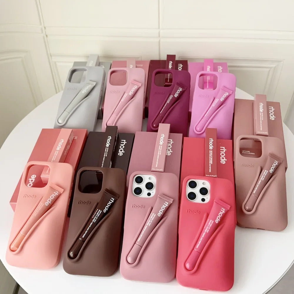 RHODE Soft Silicone Case For iPhone 16 15 14 Plus 13 12 11 Pro Max 16E Lipstick Portable Lip Gloss Holder