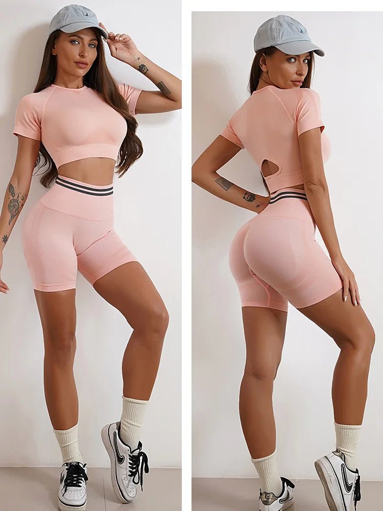 Seamless Yoga Sets Sports Fitness High Waist Hip Raise Pants Long-Sleeved Backless Suit Workout Clothes Gym Shorts Set for Women