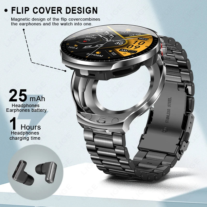 LIGE Smart Watch TWS 2-in-1 Headset Bluetooth Call Heart Rate Blood Pressure Health Monitoring Headphones Play Music Smartwatch