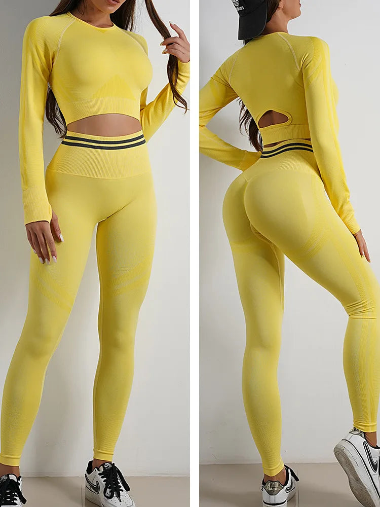 Seamless Yoga Sets Sports Fitness High Waist Hip Raise Pants Long-Sleeved Backless Suit Workout Clothes Gym Shorts Set for Women