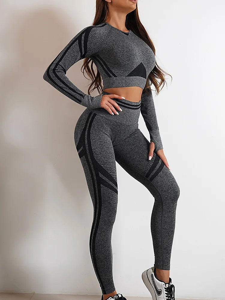 Seamless Yoga Sets Sports Fitness High Waist Hip Raise Pants Long-Sleeved Backless Suit Workout Clothes Gym Shorts Set for Women