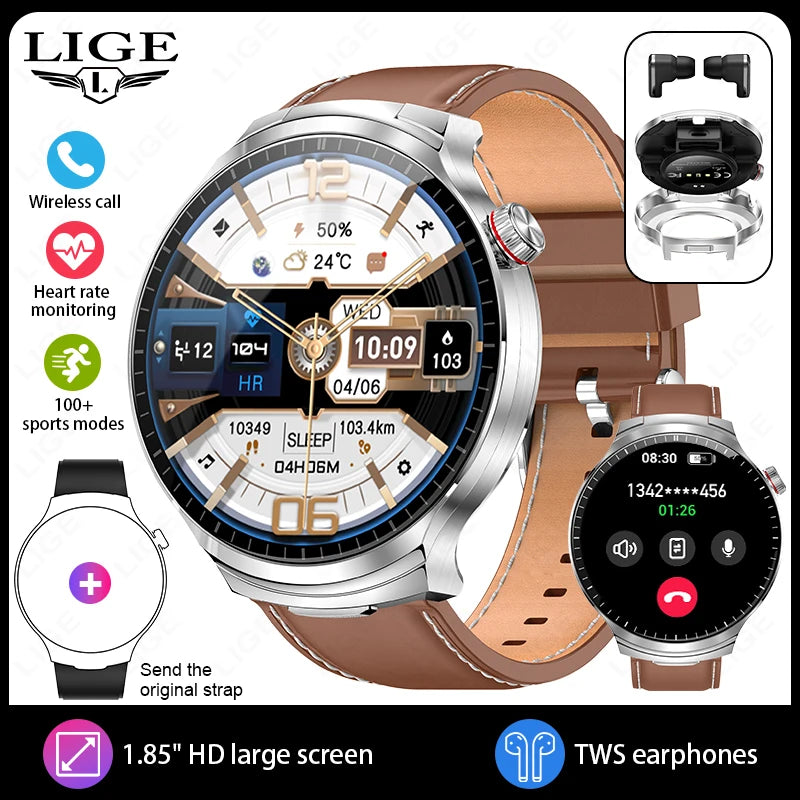 LIGE Smart Watch TWS 2-in-1 Headset Bluetooth Call Heart Rate Blood Pressure Health Monitoring Headphones Play Music Smartwatch