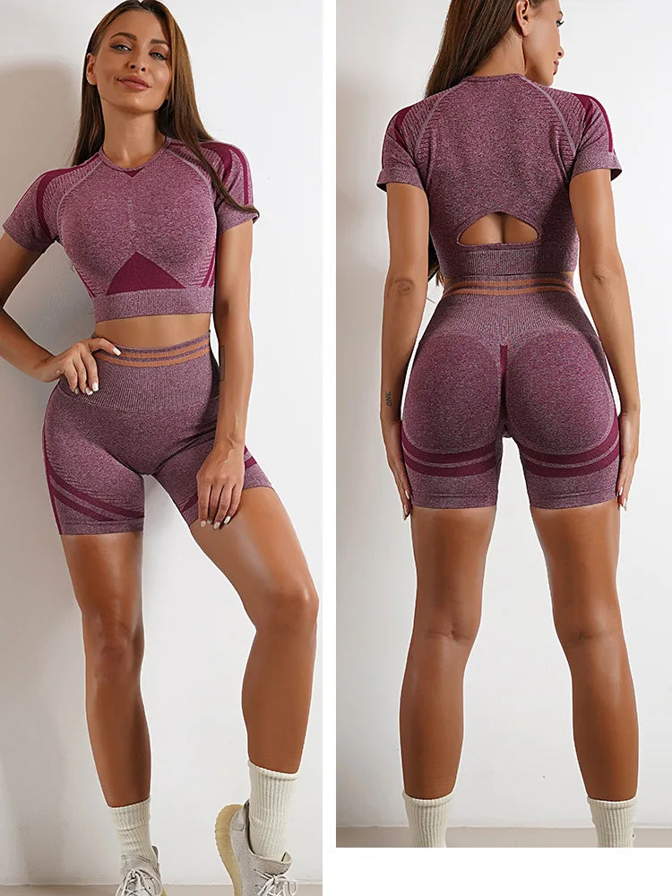 Seamless Yoga Sets Sports Fitness High Waist Hip Raise Pants Long-Sleeved Backless Suit Workout Clothes Gym Shorts Set for Women