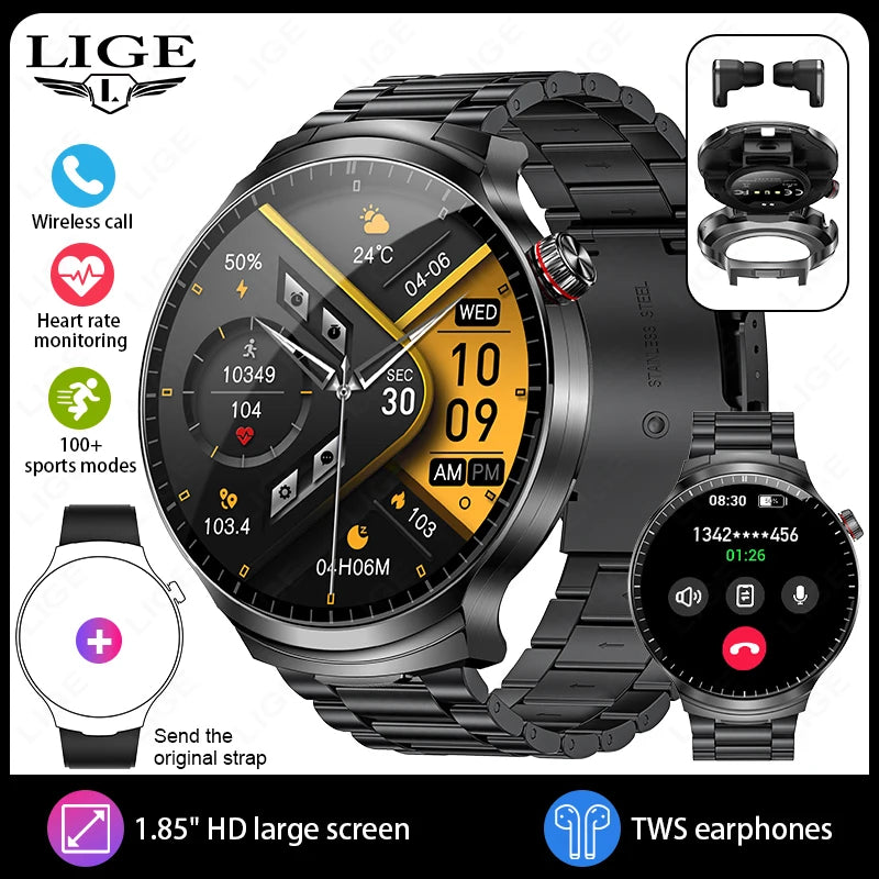 LIGE Smart Watch TWS 2-in-1 Headset Bluetooth Call Heart Rate Blood Pressure Health Monitoring Headphones Play Music Smartwatch