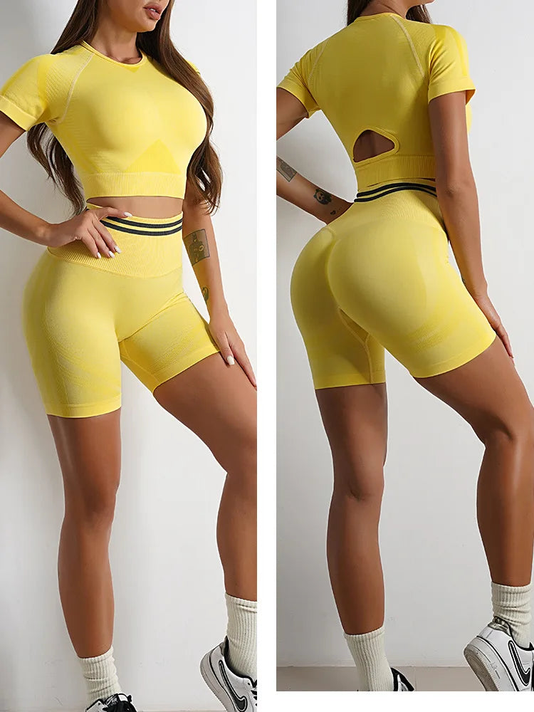 Seamless Yoga Sets Sports Fitness High Waist Hip Raise Pants Long-Sleeved Backless Suit Workout Clothes Gym Shorts Set for Women