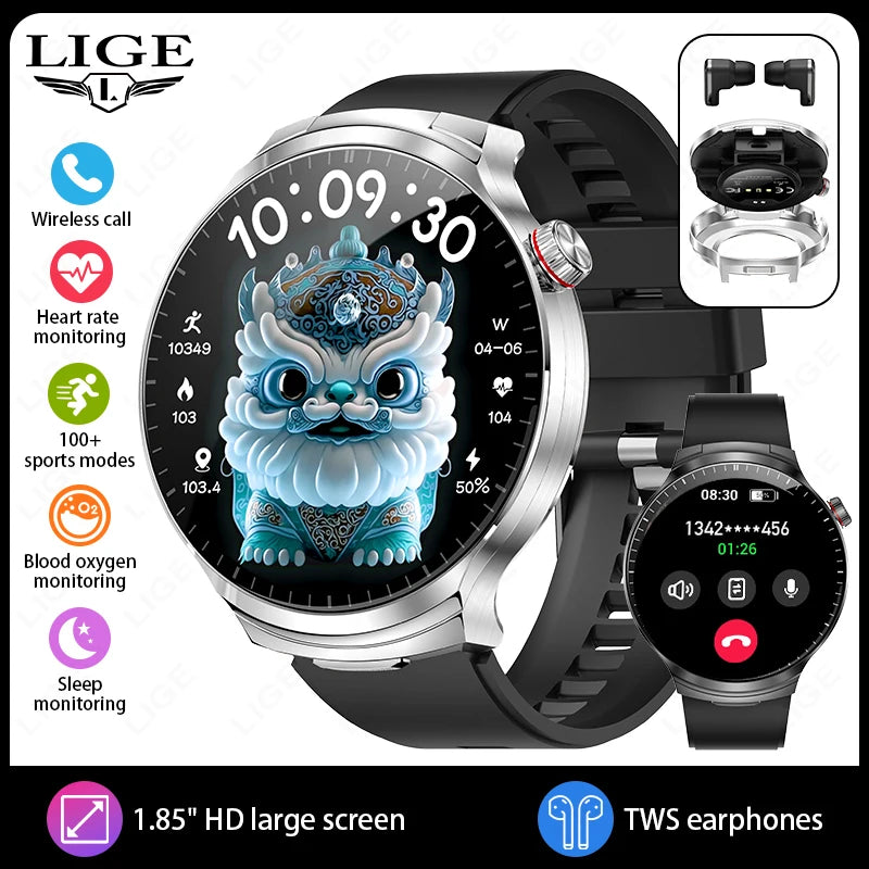LIGE Smart Watch TWS 2-in-1 Headset Bluetooth Call Heart Rate Blood Pressure Health Monitoring Headphones Play Music Smartwatch