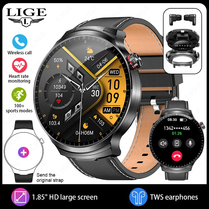 LIGE Smart Watch TWS 2-in-1 Headset Bluetooth Call Heart Rate Blood Pressure Health Monitoring Headphones Play Music Smartwatch