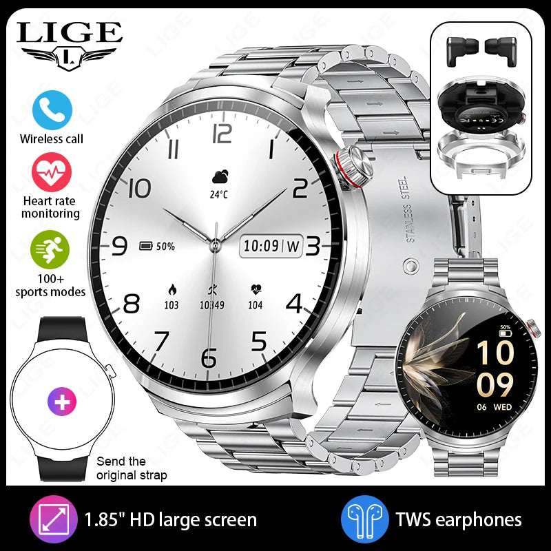 LIGE Smart Watch TWS 2-in-1 Headset Bluetooth Call Heart Rate Blood Pressure Health Monitoring Headphones Play Music Smartwatch