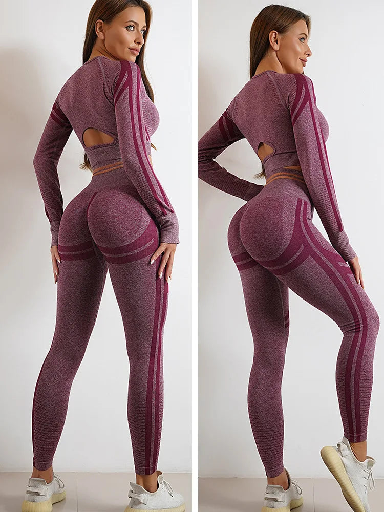 Seamless Yoga Sets Sports Fitness High Waist Hip Raise Pants Long-Sleeved Backless Suit Workout Clothes Gym Shorts Set for Women