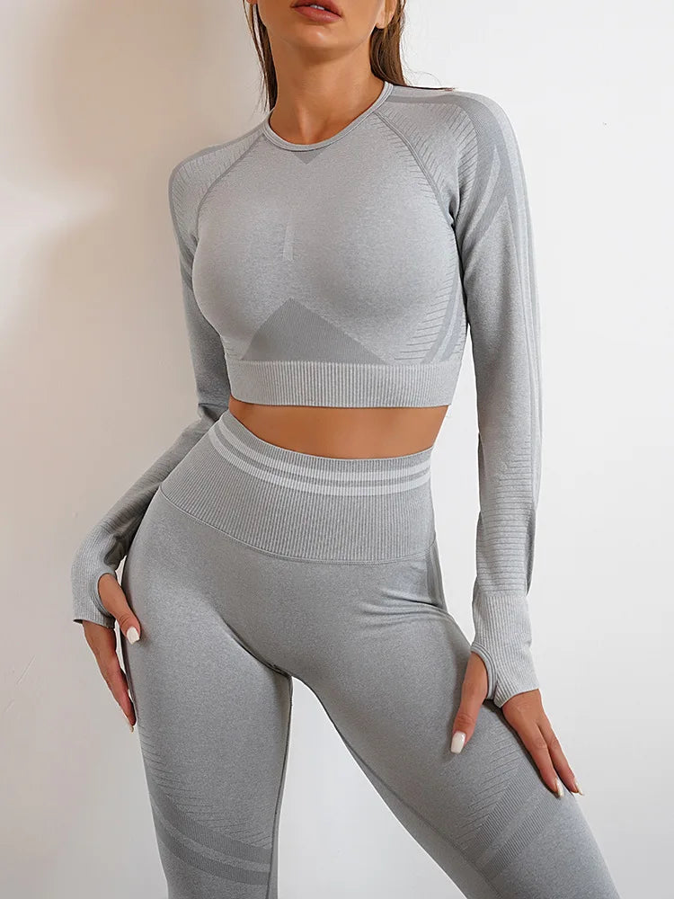 Seamless Yoga Sets Sports Fitness High Waist Hip Raise Pants Long-Sleeved Backless Suit Workout Clothes Gym Shorts Set for Women