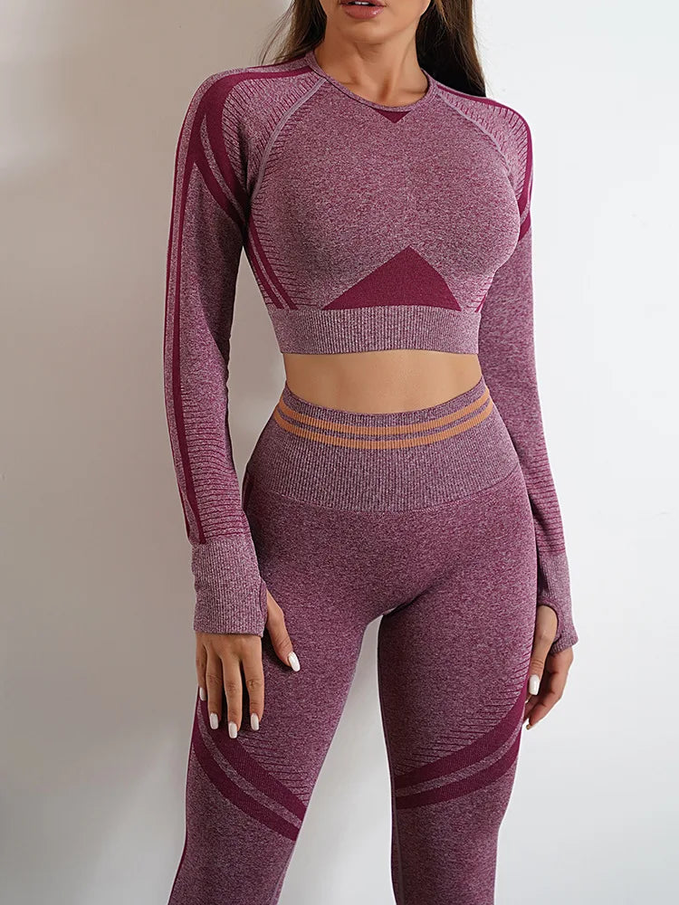 Seamless Yoga Sets Sports Fitness High Waist Hip Raise Pants Long-Sleeved Backless Suit Workout Clothes Gym Shorts Set for Women
