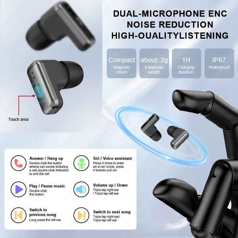 LIGE Smart Watch TWS 2-in-1 Headset Bluetooth Call Heart Rate Blood Pressure Health Monitoring Headphones Play Music Smartwatch