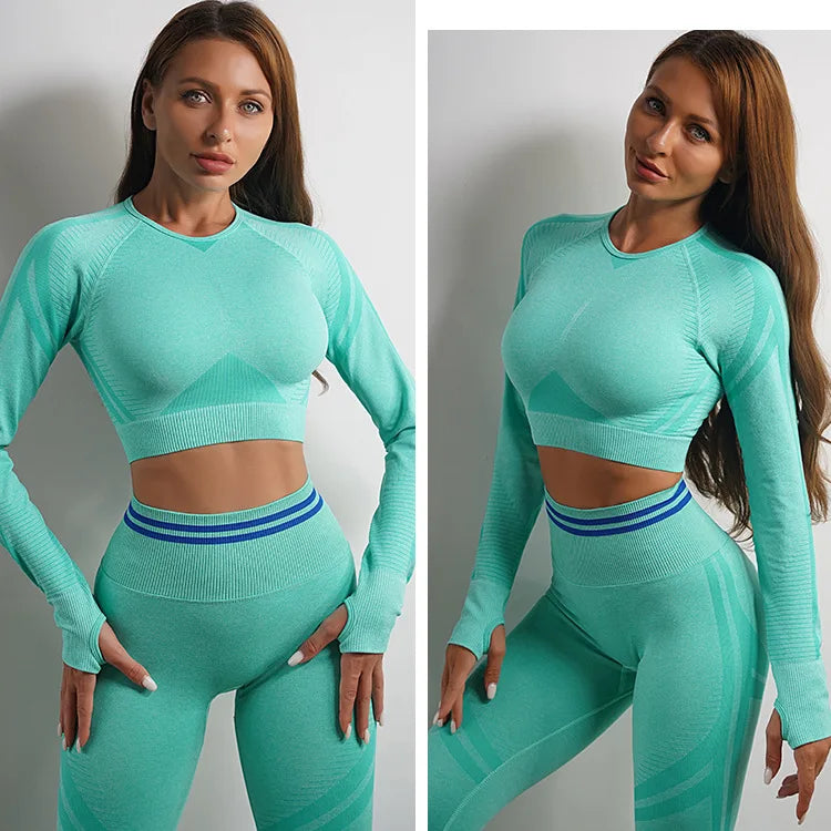 Seamless Yoga Sets Sports Fitness High Waist Hip Raise Pants Long-Sleeved Backless Suit Workout Clothes Gym Shorts Set for Women