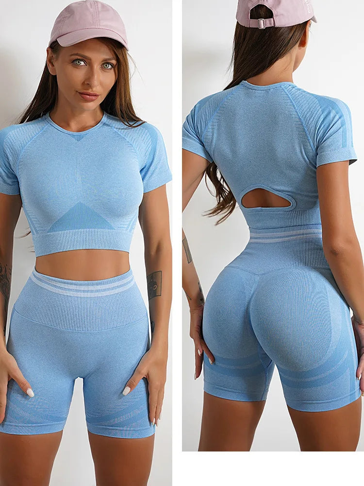 Seamless Yoga Sets Sports Fitness High Waist Hip Raise Pants Long-Sleeved Backless Suit Workout Clothes Gym Shorts Set for Women