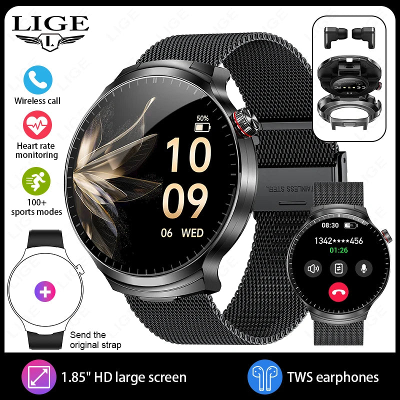 LIGE Smart Watch TWS 2-in-1 Headset Bluetooth Call Heart Rate Blood Pressure Health Monitoring Headphones Play Music Smartwatch