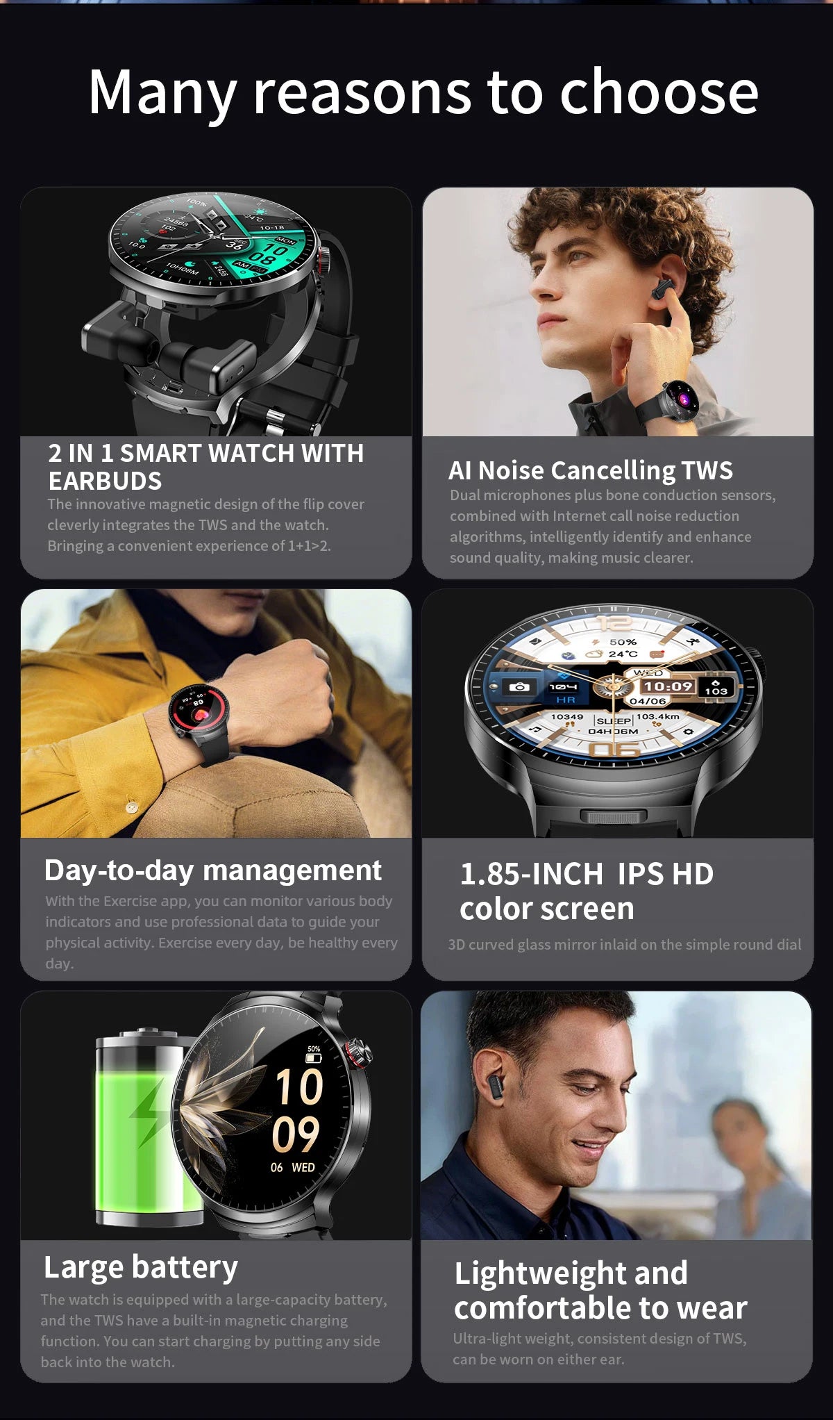 LIGE Smart Watch TWS 2-in-1 Headset Bluetooth Call Heart Rate Blood Pressure Health Monitoring Headphones Play Music Smartwatch