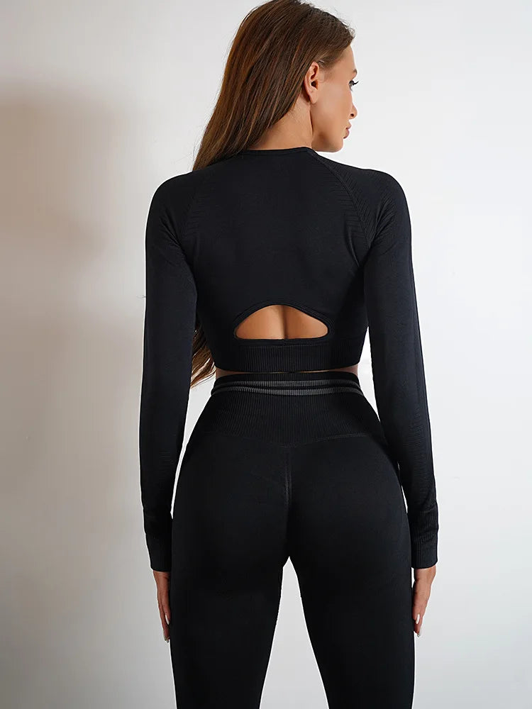 Seamless Yoga Sets Sports Fitness High Waist Hip Raise Pants Long-Sleeved Backless Suit Workout Clothes Gym Shorts Set for Women