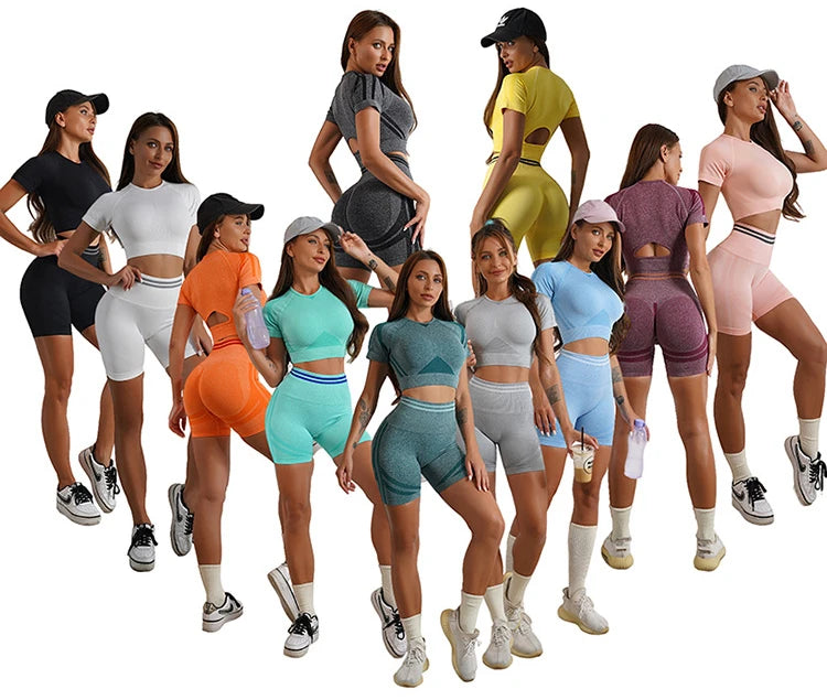Seamless Yoga Sets Sports Fitness High Waist Hip Raise Pants Long-Sleeved Backless Suit Workout Clothes Gym Shorts Set for Women