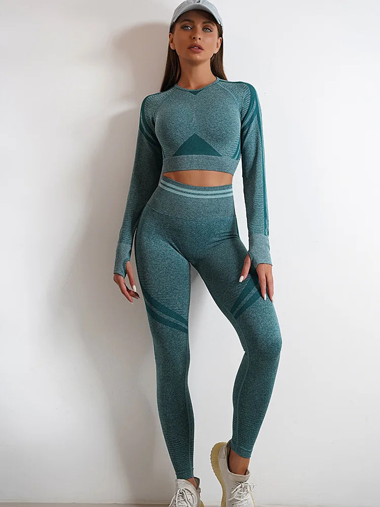 Seamless Yoga Sets Sports Fitness High Waist Hip Raise Pants Long-Sleeved Backless Suit Workout Clothes Gym Shorts Set for Women