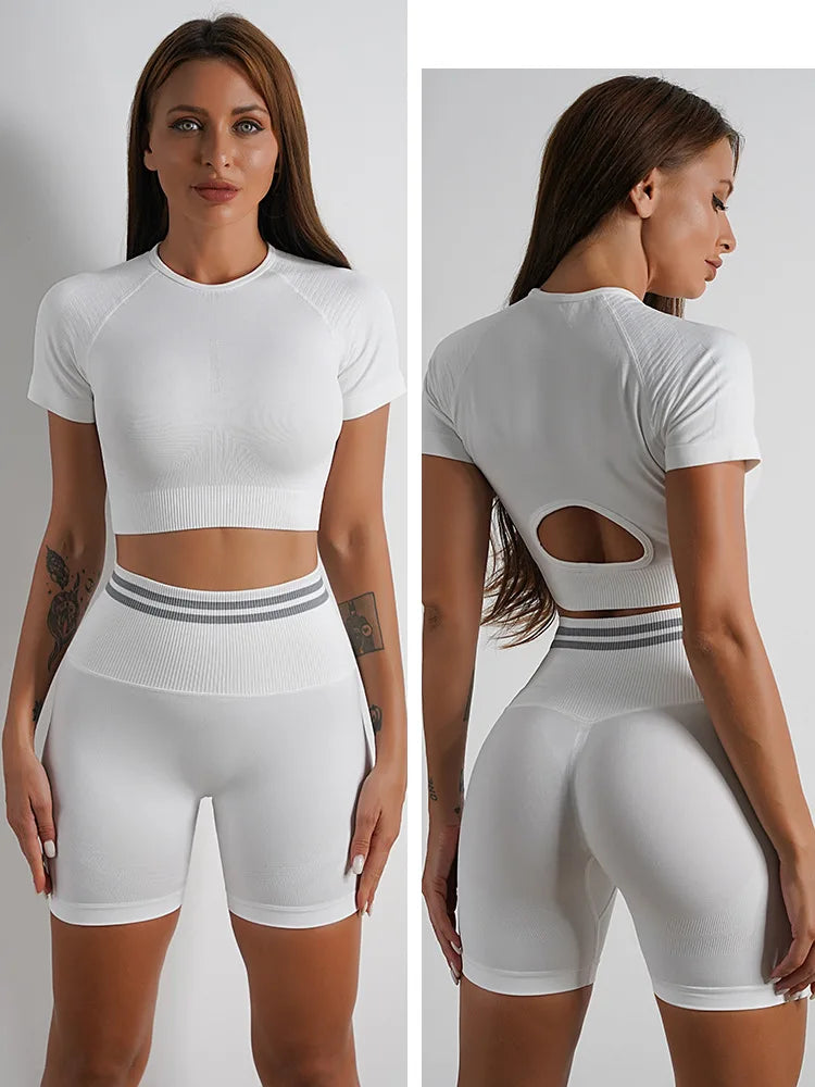 Seamless Yoga Sets Sports Fitness High Waist Hip Raise Pants Long-Sleeved Backless Suit Workout Clothes Gym Shorts Set for Women