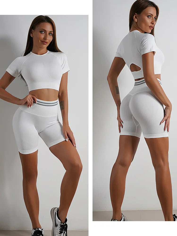 Seamless Yoga Sets Sports Fitness High Waist Hip Raise Pants Long-Sleeved Backless Suit Workout Clothes Gym Shorts Set for Women